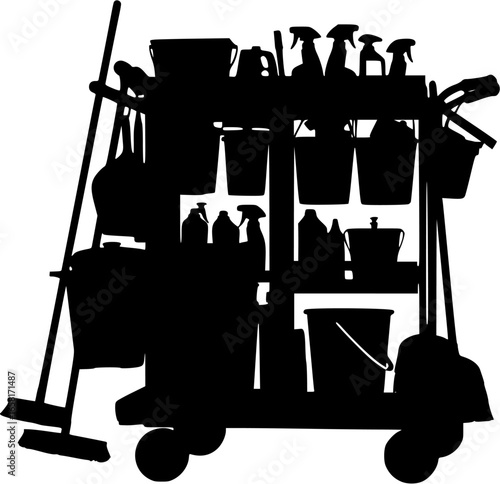 Detailed black vector silhouette of professional janitorial cart stocked with cleaning supplies and equipment
