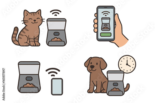 Smart pet feeder technology featuring remote control, customizable feeding schedules, and automated pet care system for convenient and efficient animal feeding solutions vector cartoon illustration