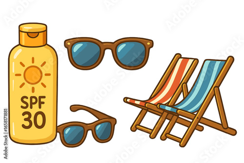 Summer vacation beach essentials vector illustration, SPF 30 sunscreen bottle, brown sunglasses, striped deck chairs, cartoon relaxation, leisure outdoor holiday concept, transparent background