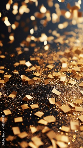Golden confetti and glitter on a dark background.