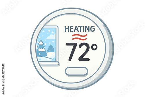 Thermostat displaying temperature setting and heating indicators, cartoon style vector illustration for home heating control during cold winter day, transparent background design