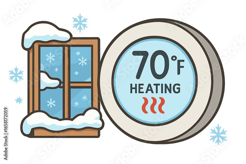 Smart home thermostat showing 70°F heating mode, modern digital temperature control, winter cold weather, snowy window, energy efficiency, indoor climate comfort, vector cartoon illustration