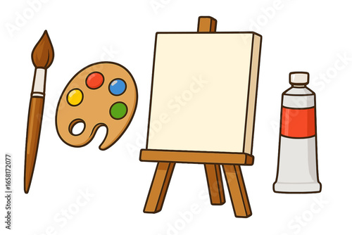 Art supplies for painting set. Vector cartoon illustration with easel, blank canvas, painter brush, color palette, paint tube. Artist tools for creativity, hobby, art school.