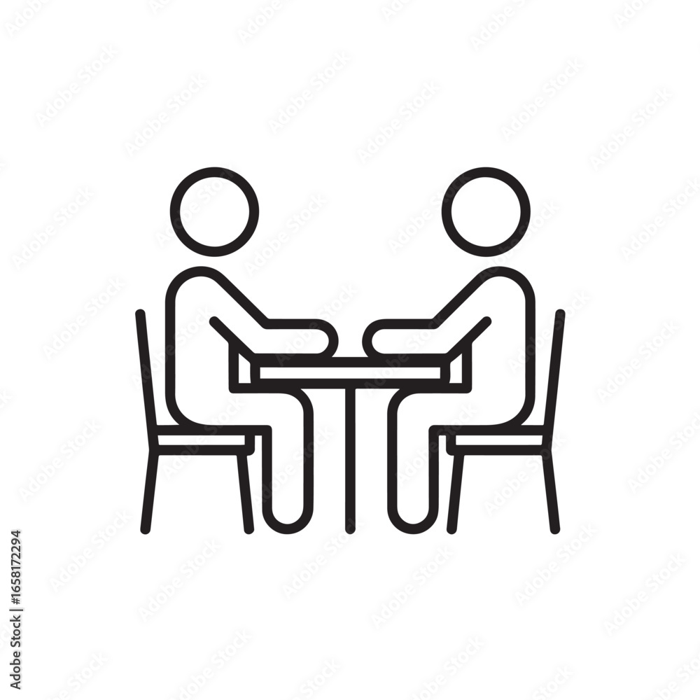 Two People Talking at Table Icon Representing Meeting Discussion Collaboration Interview and Communication Two People Talking at Table Icon Representing Meeting Discussion Collaboration Interview and Communication