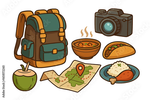 Travel essentials icon set for adventure and tourism. Vector cartoon illustration of backpack, camera, map, and local food. Concept for journey, backpacking, hiking, and vacation.