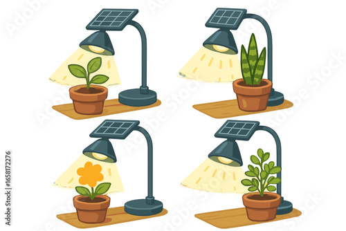Solar powered desk lamp for indoor plants set. Grow light concept for houseplant cultivation. Renewable energy for home gardening. Vector cartoon illustration collection.