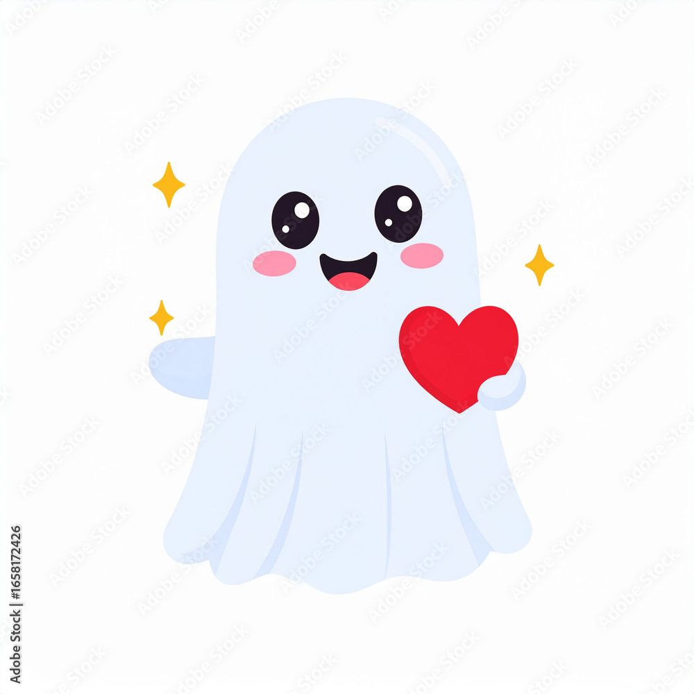 an adorable illustration of a ghost shaped character with big, expressive eyes, holding a heart. the character is set against a white background that contrasts with its darker tones.
