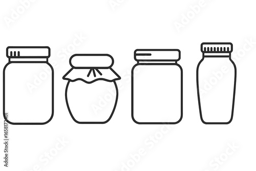Set of jars line art icons. Minimalist container, bottle, and preserve pot outlines. Simple vector illustration for packaging, homemade jam, or honey label design. Modern style.