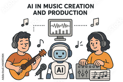 AI Technology in Modern Music Creation and Production Process, Musician Collaboration, Sound Mixing, Artificial Intelligence Robot, Digital Audio, Studio Recording, Vector Illustration