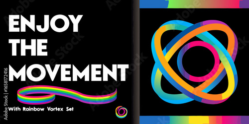 Enjoy the Movement Text with Rainbow Orbit and Ribbons on Black typography