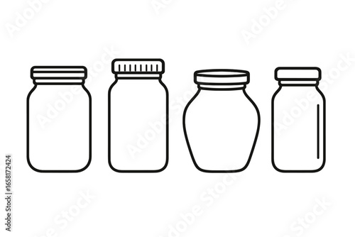 Set of various glass jars for canning and preserving food. Minimalist line art icons. Simple black and white vector illustration for storage, kitchen, and packaging design.