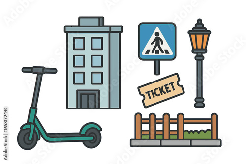 Urban Mobility Elements Vector Set. Cartoon Scooter, City Building, Pedestrian Crossing Sign, Decorative Lamppost, Admission Ticket, Wooden Fence in Modern Cityscape Illustration Concept