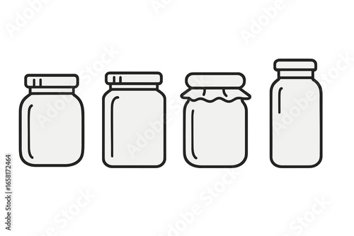 Jar line icon set. Glass container collection. Outline vector symbol for jam, honey, pickles, preserves. Food storage packaging. Simple minimalist pot illustration. Isolated.