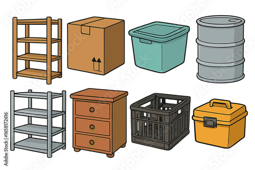 Storage container collection vector illustration. Set of cartoon icons for organization, moving, and logistics. Shelf, box, crate, barrel, toolbox, furniture for home or warehouse.