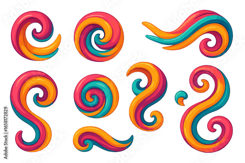 Set of colorful 3D abstract fluid swirls. Collection of vibrant liquid spiral shapes. Candy or lollipop caramel flow elements for graphic design. Vector cartoon illustration.