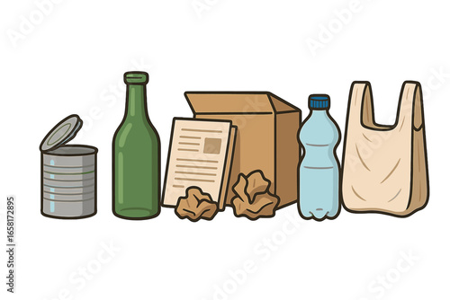 Vector cartoon illustration of various recyclable materials lined up on white background, showcasing sustainable waste management, eco-friendly recycling practices, environmental awareness concept