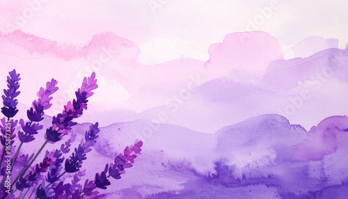 The image presents an artful watercolor depiction with a soft, dreamlike quality. A cluster of deep purple, spiky flowers dominates the left side of the composition
