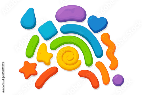 Colorful plasticine clay shapes set. Abstract 3D modeling dough elements. Rainbow creative art for kids. Playful craft collection with heart, star and spiral shapes vector.