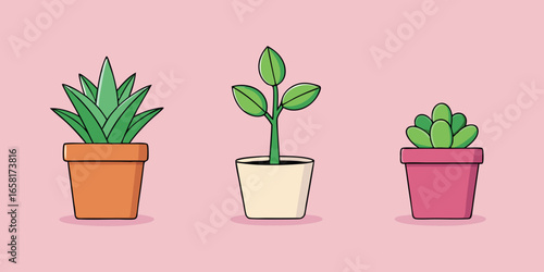 Three Potted Plants Illustration. three different cartoon-style plants in different colored pots against a light pink background vector illustration.