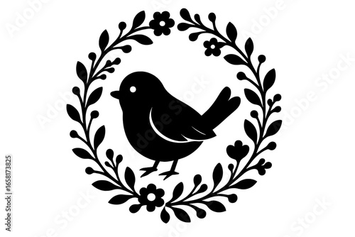 Cute bird silhouette in a decorative floral wreath. Folk art style round frame with flowers and leaves. Vector design for logo, craft projects, home decor, or invitations.