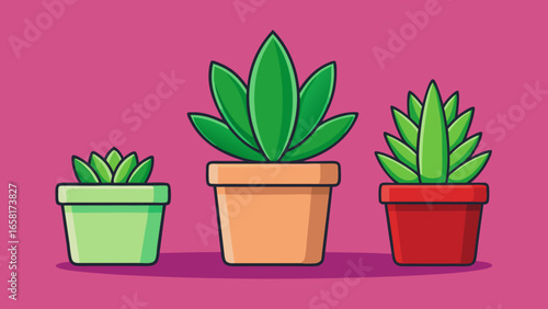 Three Potted Plants Illustration. three different cartoon-style plants in different colored pots against a dark pink background vector illustration.