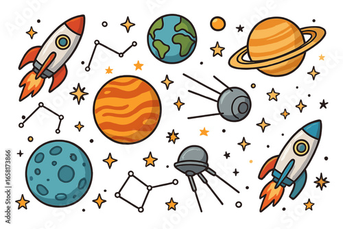 Space exploration icon set. Vector cartoon collection. Doodle rocket ship, planet, star, satellite, moon, Earth, Saturn, constellation. Hand drawn solar system clip art for kids.