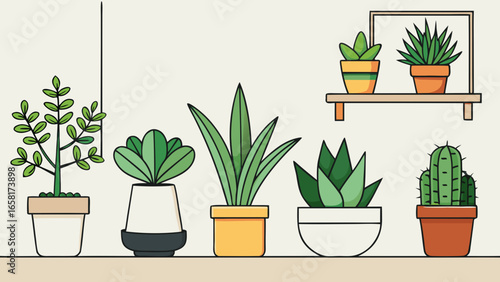 Indoor plants in various pots placed against a white wall icon different styles vector illustration.