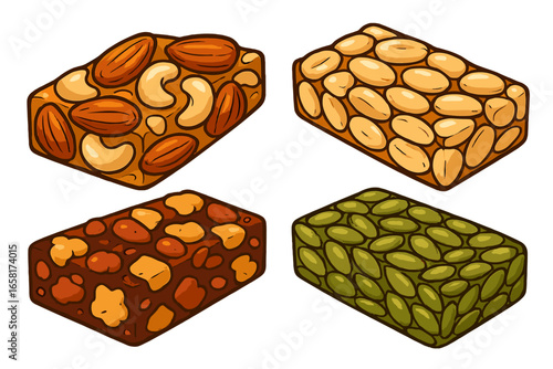 Granola bar collection vector illustration. Set of healthy protein and energy snack bars with nuts and seeds like almonds, peanuts, and cashews. Cartoon food for fitness and diet.