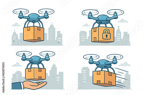Drone delivery service icon set. Quadcopter carrying parcel box over city. Contactless, secure and fast shipping concept. Future logistics technology vector cartoon illustration.