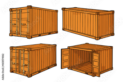 Set of shipping containers for cargo transport and storage in logistics. Vector illustration showing different perspectives, open, closed and empty. Freight and global trade concept.