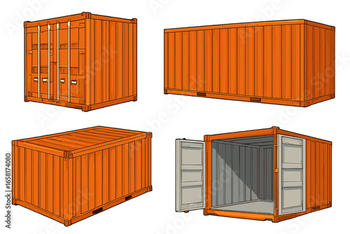 Set of cargo containers for shipping. Isometric perspectives. Open and closed metal freight container for logistics, transportation and storage. Global trade vector illustration.