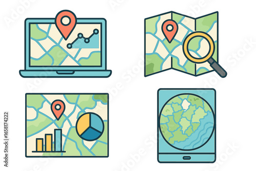Digital mapping icon set. GIS, data visualization, and analysis. Geographical information systems. Location intelligence with charts and graphs. Vector icons for cartography.