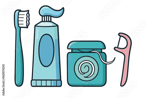 Dental care oral hygiene set. Toothbrush, toothpaste, dental floss, floss pick. Tooth cleaning items. Dentistry icon collection. Vector cartoon illustration. Healthy teeth.