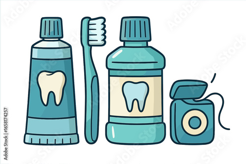 Essential dental care items for oral hygiene. Vector illustration of toothpaste, toothbrush, mouthwash, and floss. Teeth cleaning set for dental health. Cartoon icon collection.
