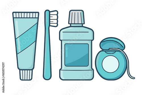 Essential dental care kit for daily oral hygiene. Vector icon set with toothpaste, toothbrush, mouthwash, dental floss. Teeth cleaning, stomatology, and healthcare concept.