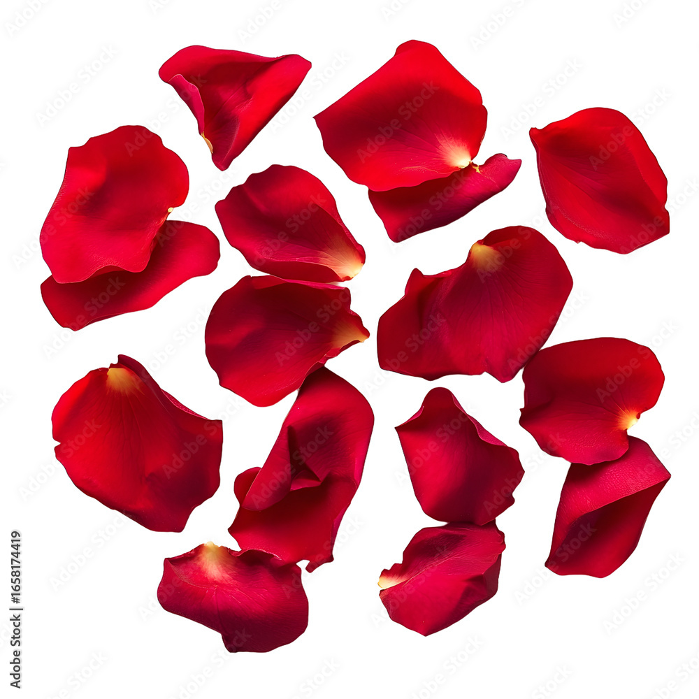 Fototapeta premium Vibrant Red Rose Petals on White Background - Elegant Floral Isolation