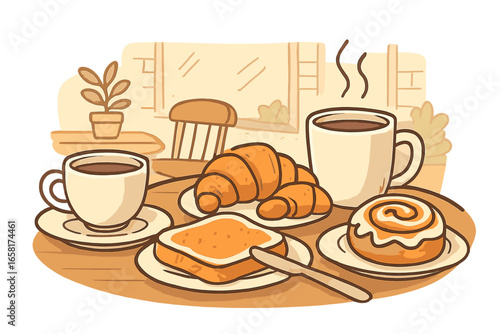 Cozy breakfast with coffee, croissant, and pastry. Weekend brunch in a cafe. Vector illustration of a morning meal with toast, jam and a cinnamon roll. Delicious food.