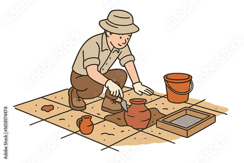 Archaeologist at excavation site discovering ancient pottery artifact. Man working on archaeological dig. Paleontology, history, science, research, discovery vector illustration concept.