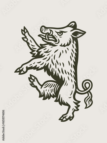 Wild boar engraving style heraldic black on white vector illustration