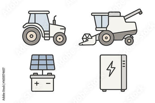 Agriculture technology vector icon set. Farm machinery and green energy storage system. Tractor, combine harvester, solar panel with battery. Sustainable farming illustration concept.