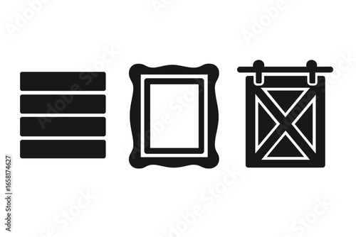 Farmhouse interior icons set with shiplap wall, vintage picture frame, and sliding barn door. Rustic home decor elements. Solid glyph vector illustration for country style design.