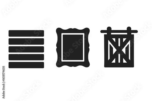 Farmhouse interior design vector icon set. Rustic home decor elements. Includes shiplap wall, vintage picture frame, and a sliding barn door. Country style glyph silhouettes.