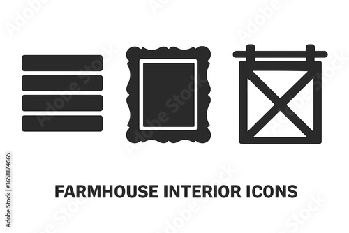 Farmhouse interior icons set. Rustic home decor solid glyph symbols. Includes shiplap wall panel, vintage baroque picture frame, and a classic sliding barn door silhouette.