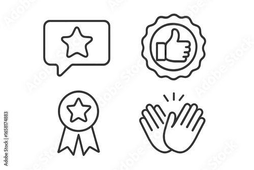 Feedback and recognition outline icon set. Vector symbols of customer review, rating, and satisfaction. Speech bubble with star, thumbs up badge, award ribbon, and applause.