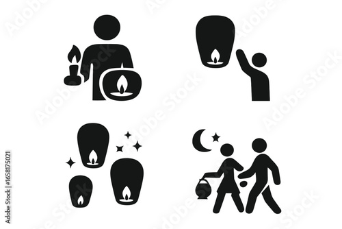 Lantern festival solid icon set. People lighting and releasing sky lanterns. Couple walking at night with light. Traditional celebration, ceremony vector pictogram collection.