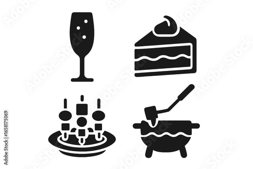Festive food and drink solid glyph icon set for celebration. Party vector symbols collection. Champagne glass, cake slice, appetizer canapés, and fondue pot illustration.