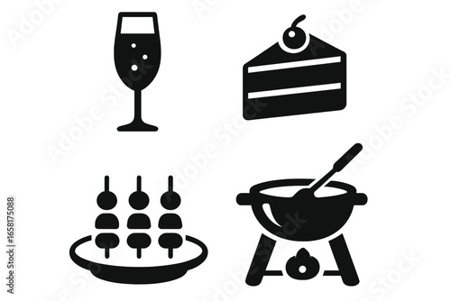 Celebration food and party icons. Solid vector glyph set including champagne, dessert cake, appetizer skewers, and fondue or barbecue. Isolated graphic elements for festive design.