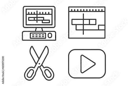 Film editing outline icons set. Video post-production linear symbols. Editing workstation, software timeline interface, cut tool, play button. Movie making vector graphics.