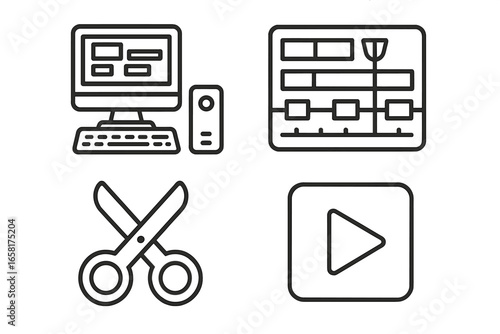 Film and video editing outline icon set. Post-production workstation, software timeline interface, cut tool, and play button symbols. Digital filmmaking and montage concept.