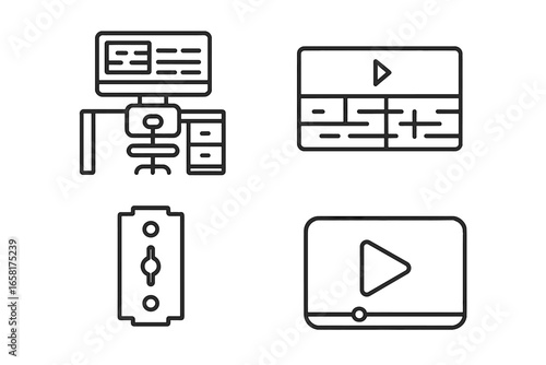 Film editing outline icons. Vector set for video post-production. Includes editor workstation, software timeline, cutting blade & playback symbol. Thin line pictogram collection.